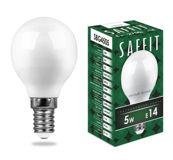 Лампа с/д Safit SBG4505 5W 4000K E14 G45 шар
