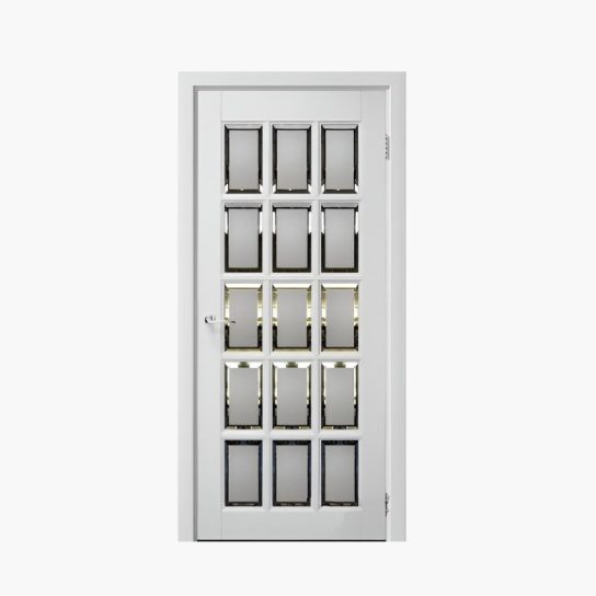 Дверное полотно Английская решетка 15 Белый жемчуг 400С сатинированный фацет