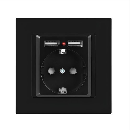 Розетка Intro Accent P+E Schuko со шторк 16А-250В+2хUSB IP20 СУ антрацит 6-410-05